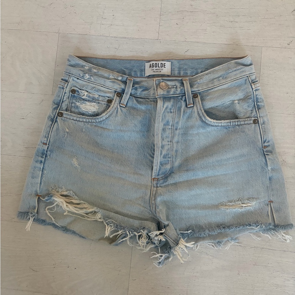 Agolde Light Blue Ripped Jean Shorts